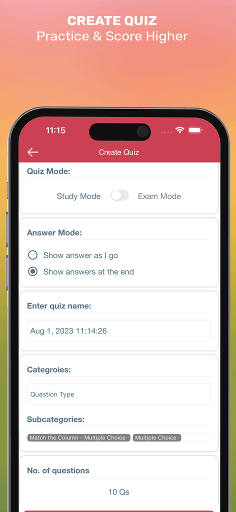 First Aid Q&A USMLE Step 2 CK - Pantalla de creación de cuestionarios personalizados en la aplicación Primeros Auxilios USMLE Paso 2 CK con opciones de modo estudio y examen