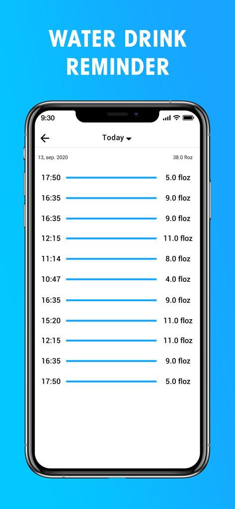 H2O : Drink Water Reminder - A mobile screen showing a chronological log of daily water intake with timestamps and fluid ounces.