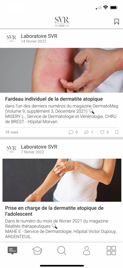 Interface of the SVR Med app displaying a feed of dermatological news and clinical articles about atopic dermatitis.