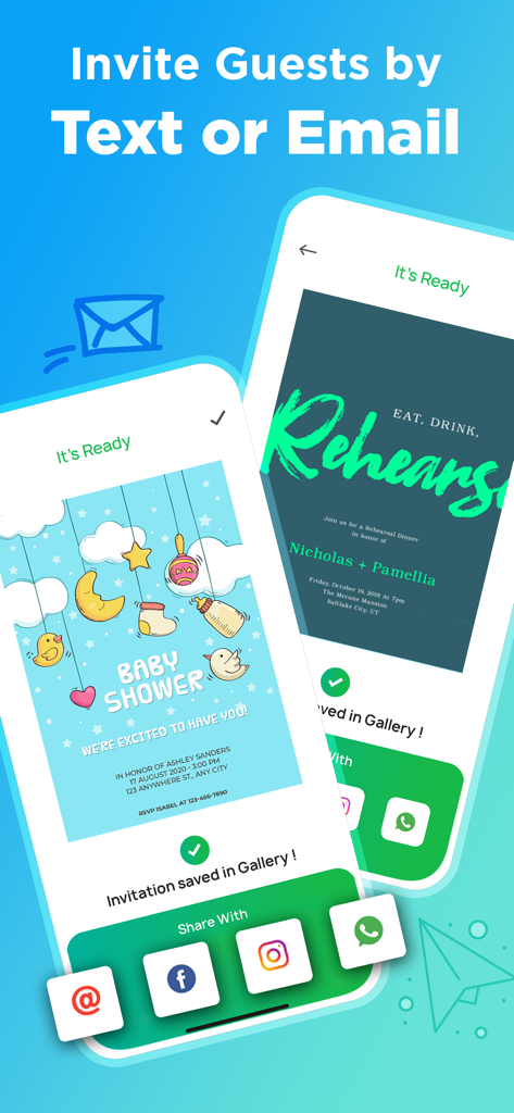 Mobile app interface for sharing digital baby shower and rehearsal dinner invitations via social media or email.