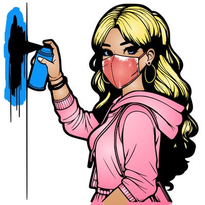 realistic girl with mask spray painting a wall