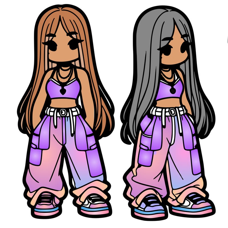 girl in baggy pants crop top and long hair