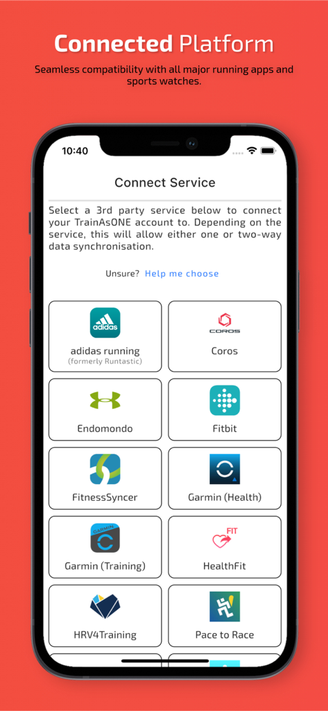 TrainAsONE- AI Running Plans - A mobile app screen showing a list of third-party sports and fitness services compatible with TrainAsONE including Garmin, Fitbit, and Adidas Running.