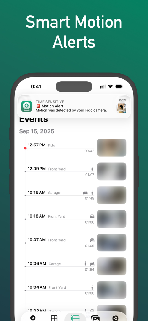 IP Camera Viewer - IPCams - iPhone screen displaying smart motion alerts and a chronological list of security camera events in the IPCams app