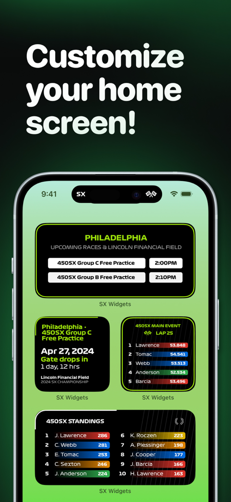 SMX Live for AMA Supercross - iPhone home screen displaying Supercross live timing and race standings widgets