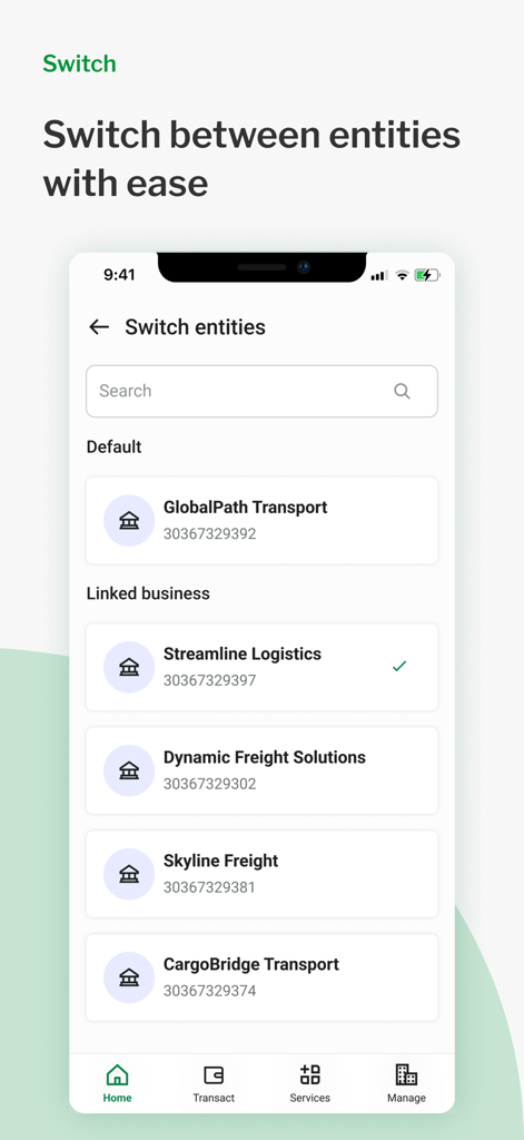 Nedbank Business Hub - Nedbank Business Hub app screen showing the interface to switch between multiple linked business profiles