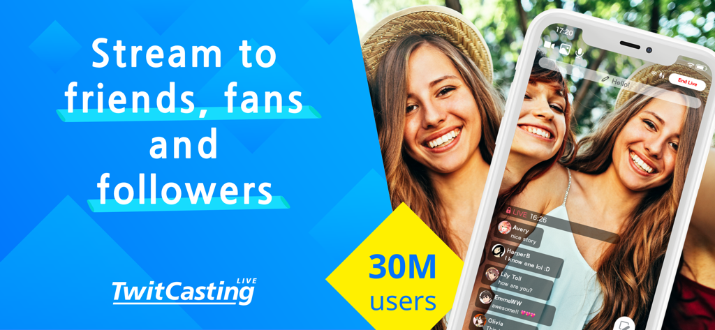 TwitCasting Live promotional banner showing a mobile stream with real-time comments and 30 million users