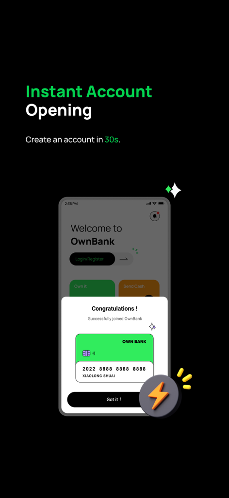 OwnBank - Mobile app screen showing instant account opening for OwnBank with a digital debit card