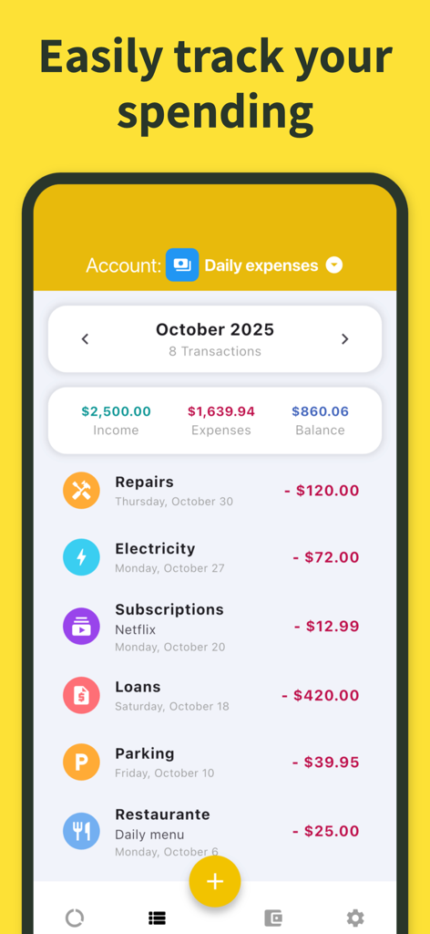 Fluxi: Expense Tracker - Écran de l'application Fluxi affichant un résumé mensuel des revenus et du solde avec une liste des transactions quotidiennes catégorisées.