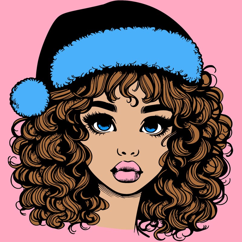 realistic girl with a santa hat curly hair and lips