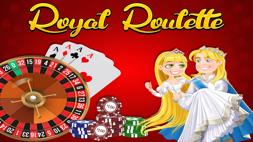 Royal Roulette Casino Style Free Games with Big Bonuses - Pantalla de título de Royal Roulette con una ruleta, fichas de casino y personajes de dibujos animados de la realeza.