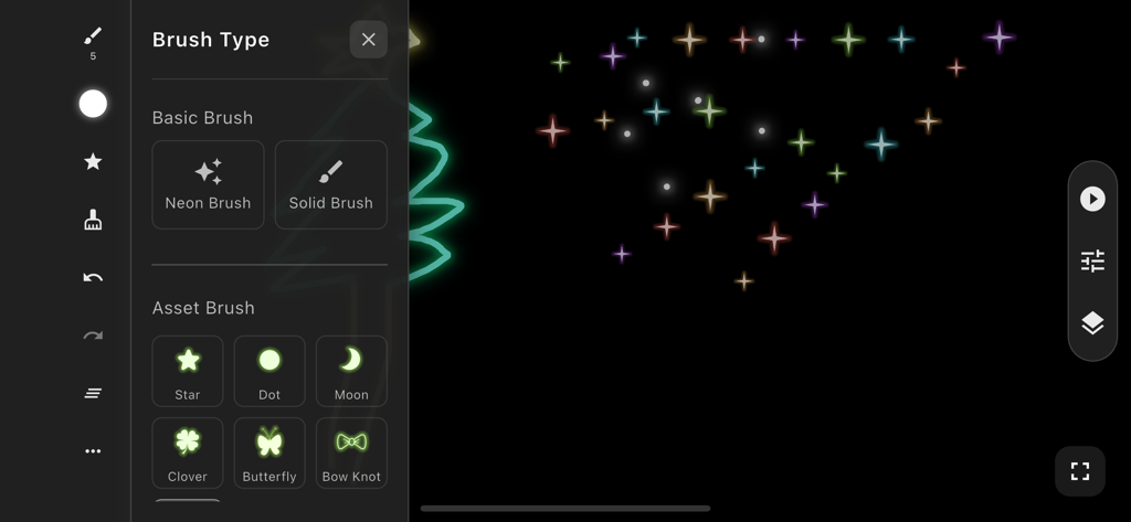 Glow Board: Light Your Art. - Brush selection menu in the Glow Board app showing neon and asset brush options on a dark background