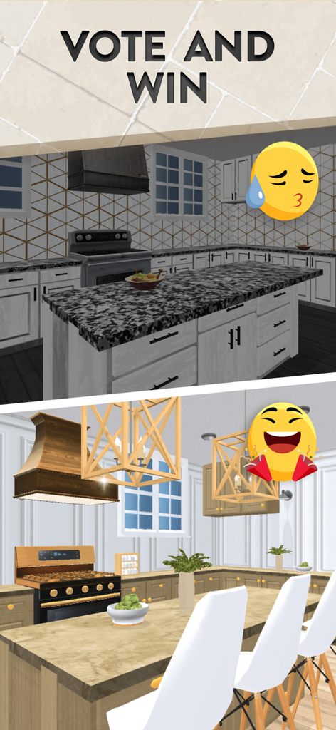 House Flip - A split screen comparing two different kitchen designs in the House Flip game with emojis indicating a voting feature