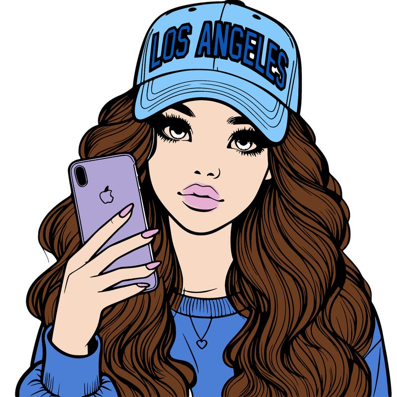 realistic beautiful girl wearing los ángeles cap holding an iphone