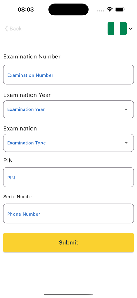 WAEC Result Checker - Mobile app interface for checking WAEC results in Nigeria featuring a form for examination number and PIN