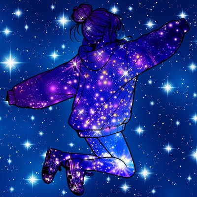 realistic girl jumping with a bun and oversized sweatshirt