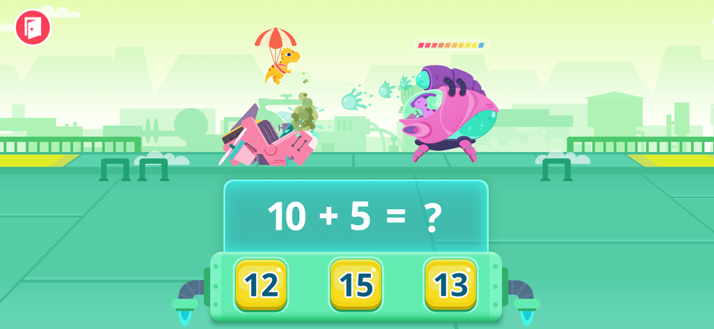 Dinosaur Math - Games for kids - 뒤쪽에 공룡 로봇 전투가 있는 10 더하기 5 덧셈 문제를 보여주는 교육용 게임 화면
