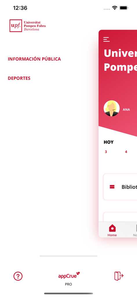 Pantalla de inicio de la aplicación UPF Mobil con perfil de estudiante y menú de navegación universitaria.