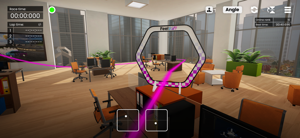 First person view of a micro drone flying through a racing gate in an office setting.