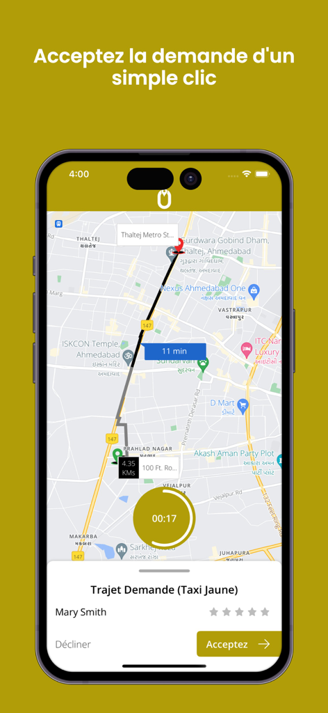 Okalm Driver - Okalm Driver app interface showing a real-time ride request on a map with an accept button