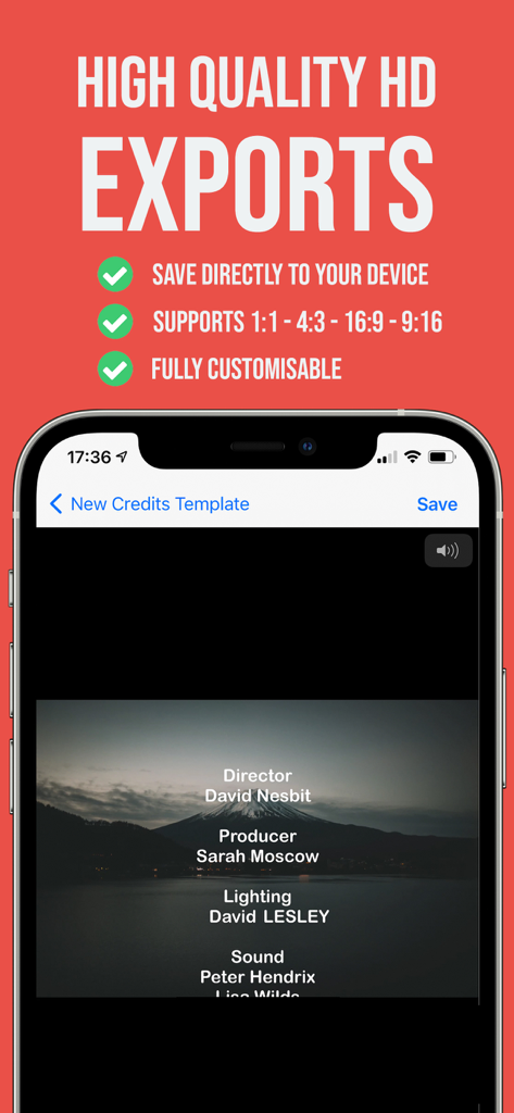 Scrolling Credits Maker - Scrolling Credits Maker app displaying HD export options and a cinematic credit roll preview on an iPhone