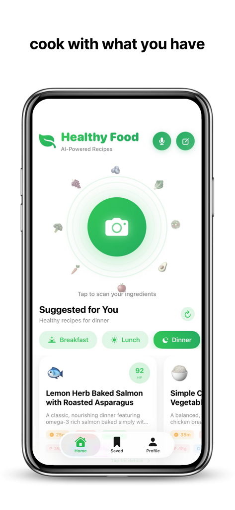 Healthy Food app interface showing AI ingredient scanning and suggested recipes