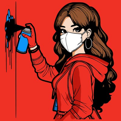 realistic girl with mask spray painting a wall