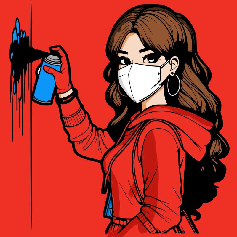 realistic girl with mask spray painting a wall