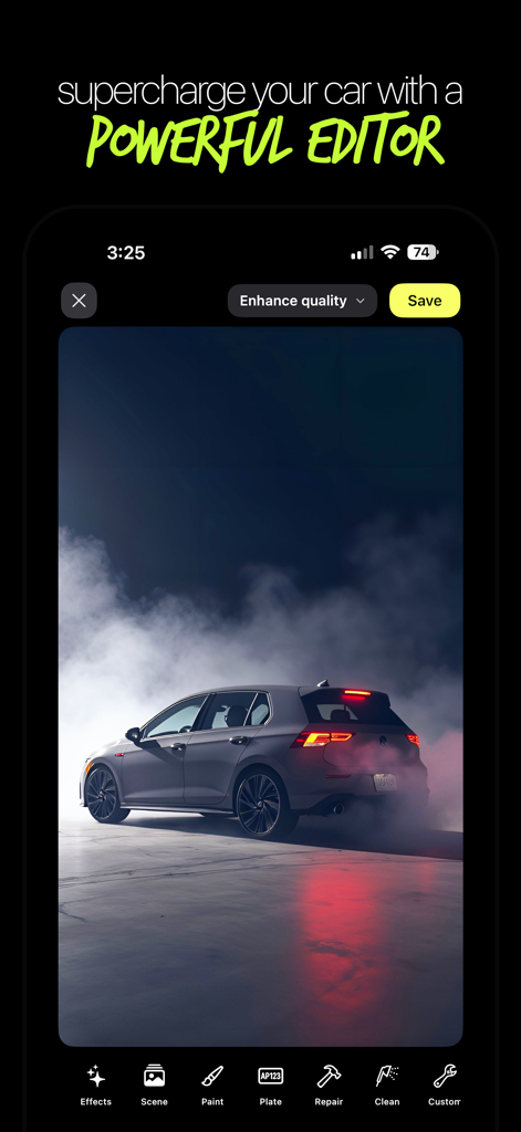 Driftshot - AI Car Designer - AI car design app showing a silver hatchback in a cinematic smoky studio being edited with various tools