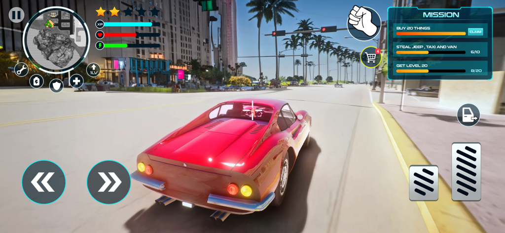 GT Vegas Crime City Simulator - Vista en tercera persona de un coche deportivo rojo conduciendo por una ciudad 3D en el juego móvil GT Vegas Crime City Simulator