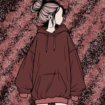 realistic girl with a oversized sweatshirt on and a bun