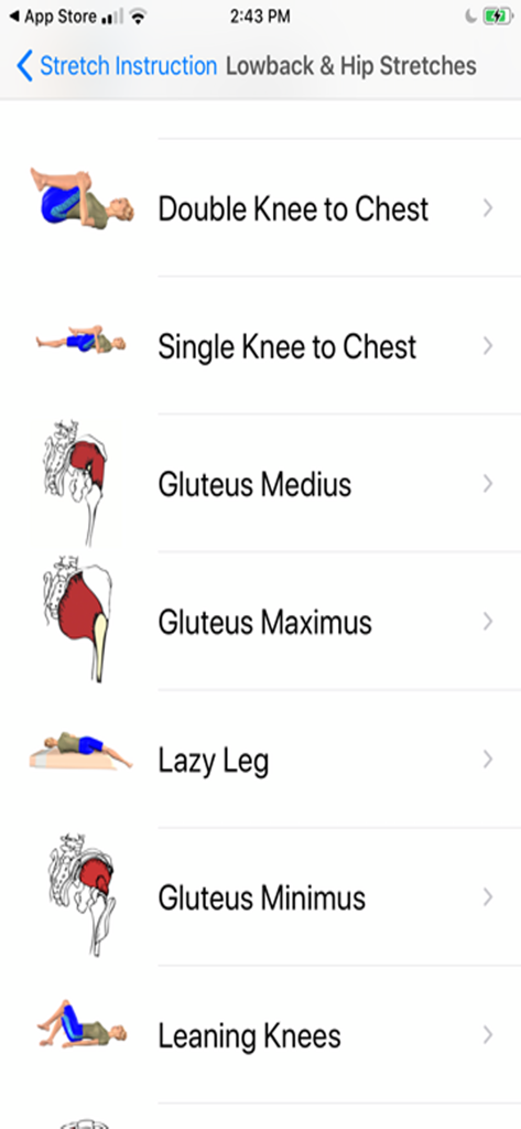 Stretch For Pain Relief Lower - List of low back and hip stretches in the app showing exercises like Double Knee to Chest and Gluteus Medius