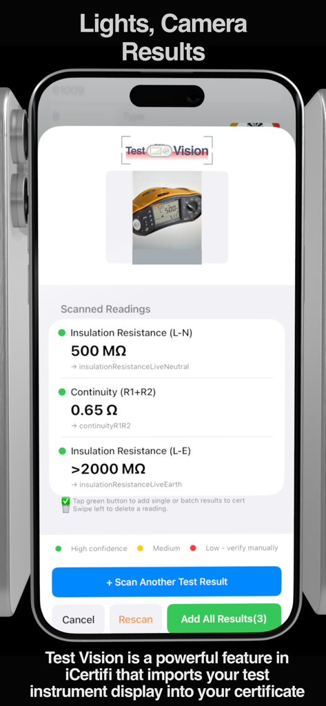 L'application iCertifi affiche la fonction Test Vision pour scanner les relevés d'instruments électriques