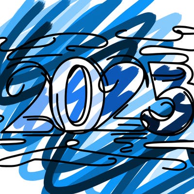 one line scrawled numbers sketch design “2025”