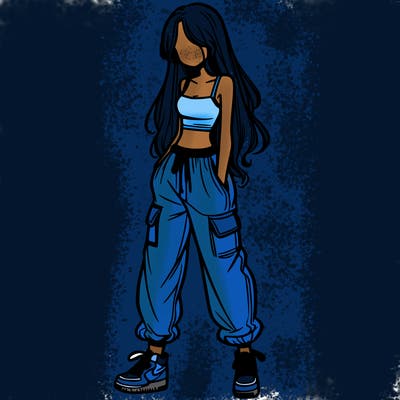girl in baggy pants crop top and long hair