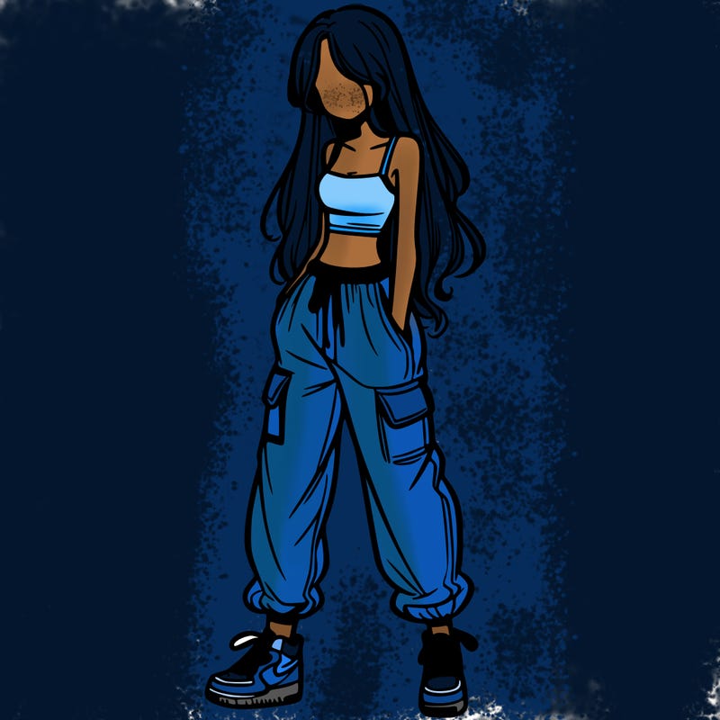 girl in baggy pants crop top and long hair
