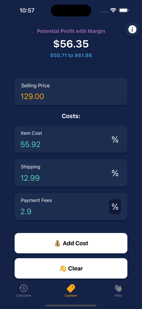 Interface of the With Margin app showing a potential profit calculation for reselling an item.