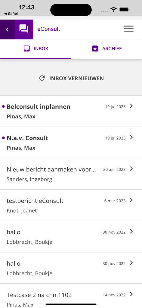 Mijn Ommelander app eConsult inbox showing a list of medical messages and consultations