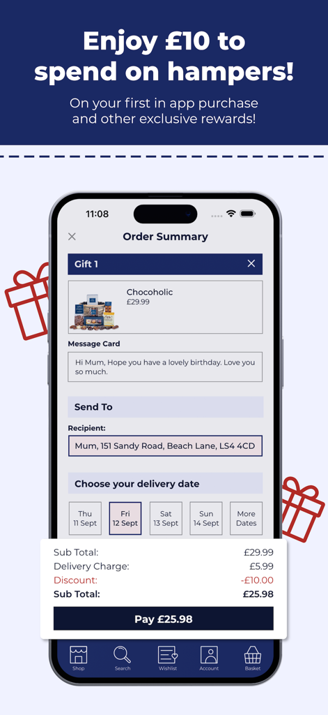 Prestige Hampers - Prestige Hampers mobile app checkout screen displaying an order summary and a first-purchase discount