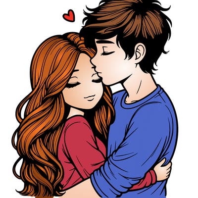 a realistic couple boy and girl hugging and kissing