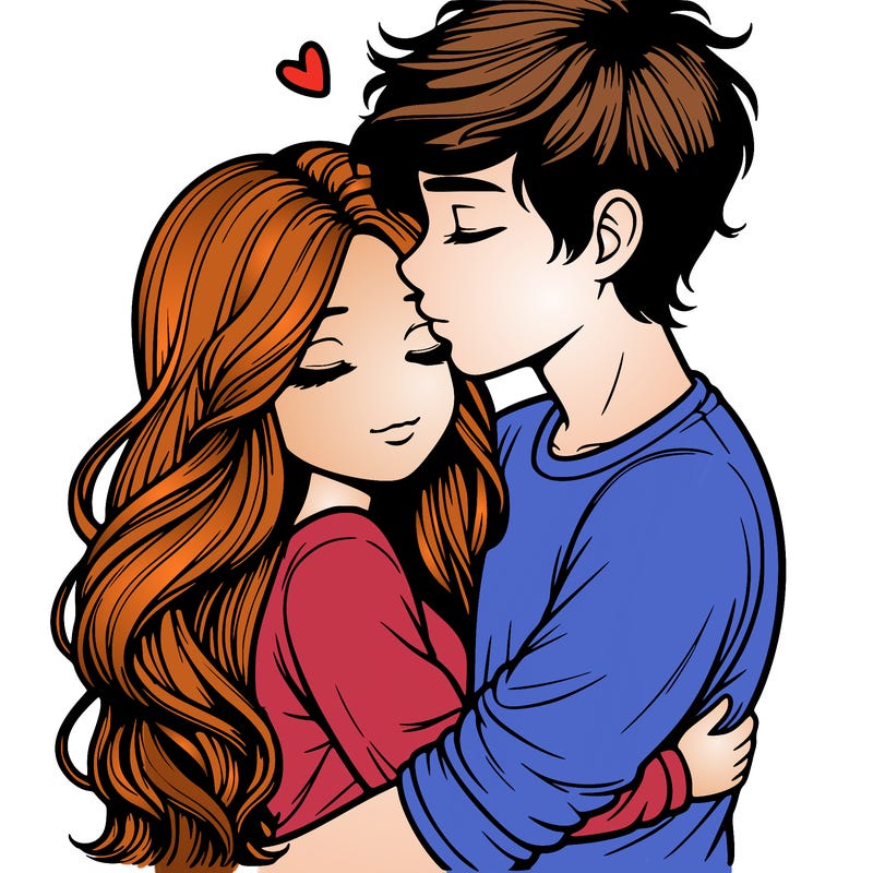 a realistic couple boy and girl hugging and kissing