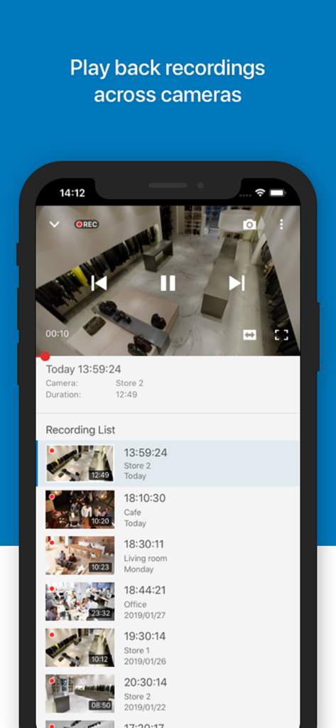 DS cam mobile app interface showing a list of security video recordings for playback from various locations like a store office and living room