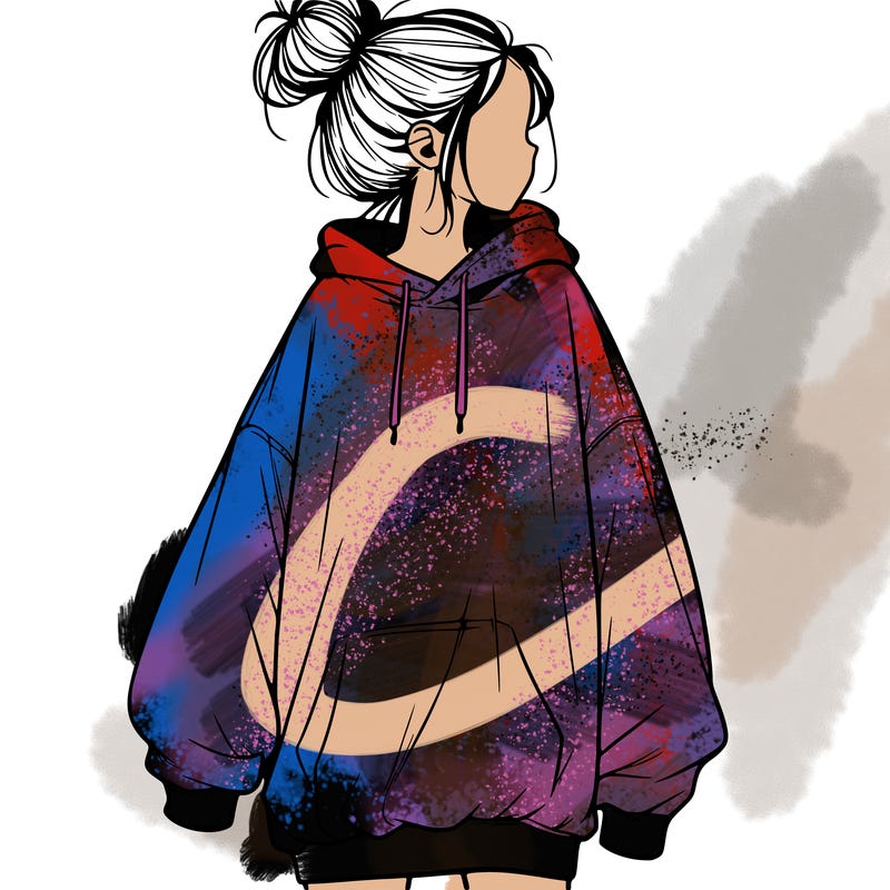 realistic girl with a oversized sweatshirt on and a bun