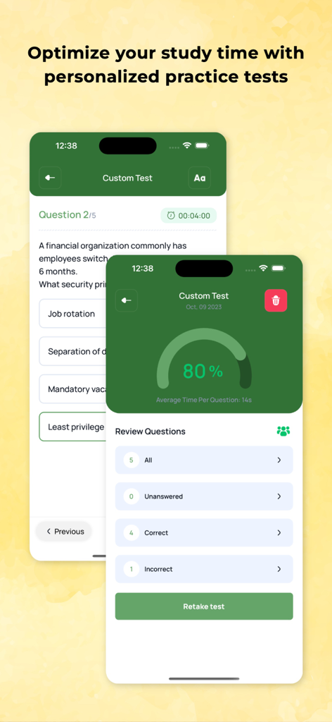 ISC2 Official app screen showing a custom practice test question and score results with eighty percent success.