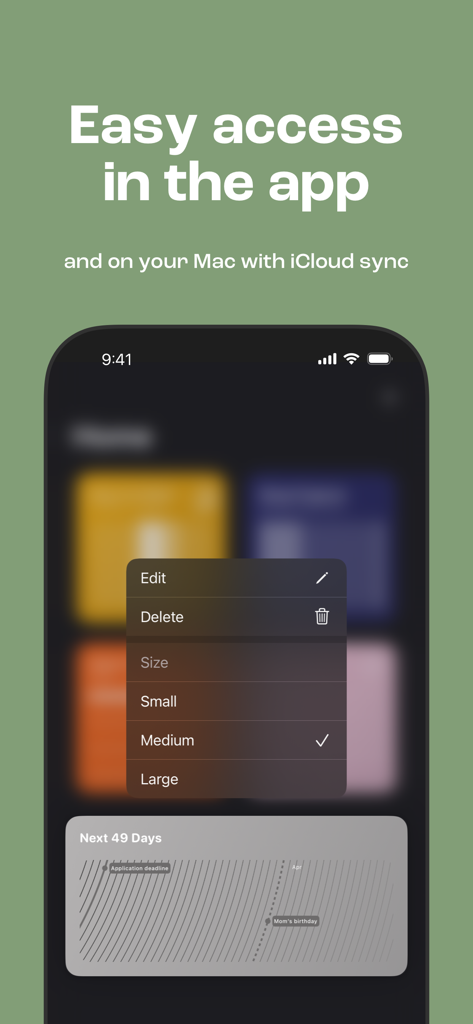 Awareness - Time Visualization - Interface of Awareness app showing widget size options and iCloud sync feature