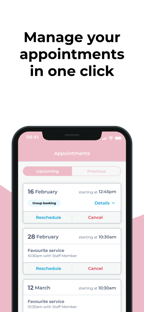 Mia Bella Beauty - Mia Bella Beauty app screen showing a list of upcoming beauty salon appointments with options to reschedule or cancel