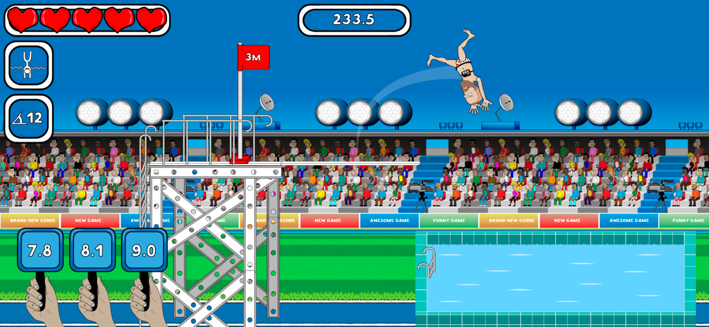 Ragdoll Sport - Ragdoll character performing a dive from a platform in a stadium with judge scores displayed.
