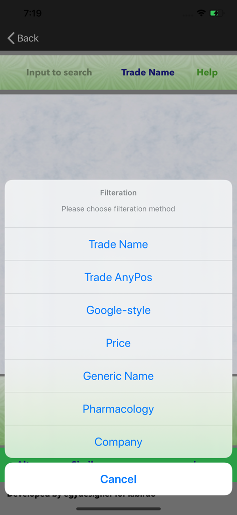 Drug eye index - Search filter menu in the Drug eye index app showing options like Trade Name, Price, and Generic Name.