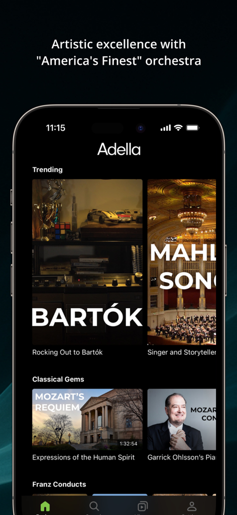 Adella - Adella mobile app interface showing classical music performances and categories