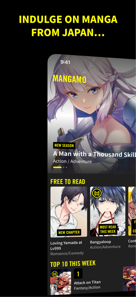 Mangamo Manga Reader & Comics - Startbildschirm der Mangamo-App mit beliebten Manga-Titeln und Kategorien